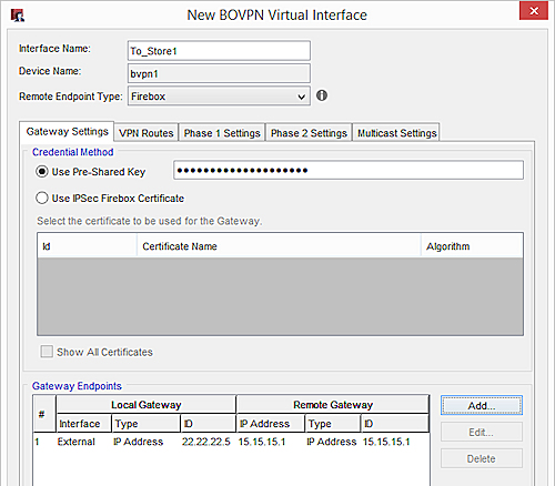 Captura de pantalla de la Configuración de la Puerta de Enlace de la Interfaz Virtual BOVPN, Sede a la Tienda 1